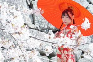 桜の木の下の女性